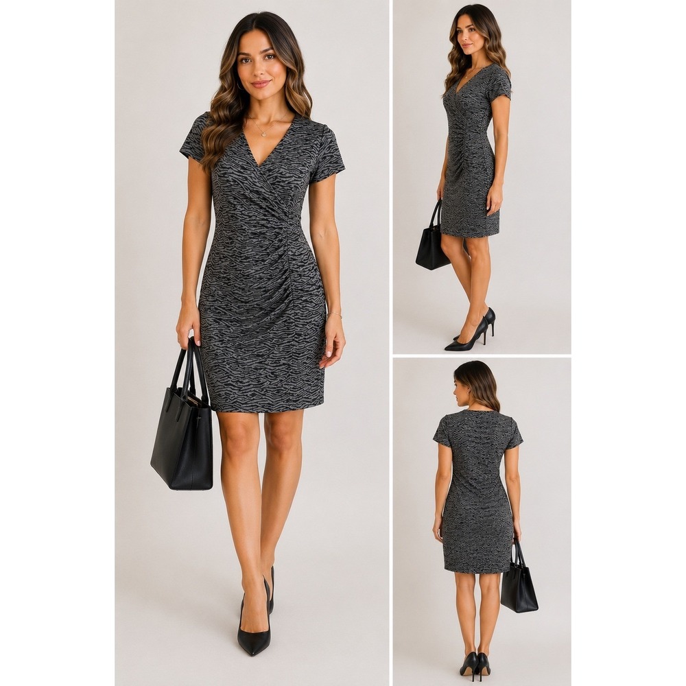 As U Wish Dress Womens Medium Gray Black Zebra Print Faux Wrap Stretch Sheath